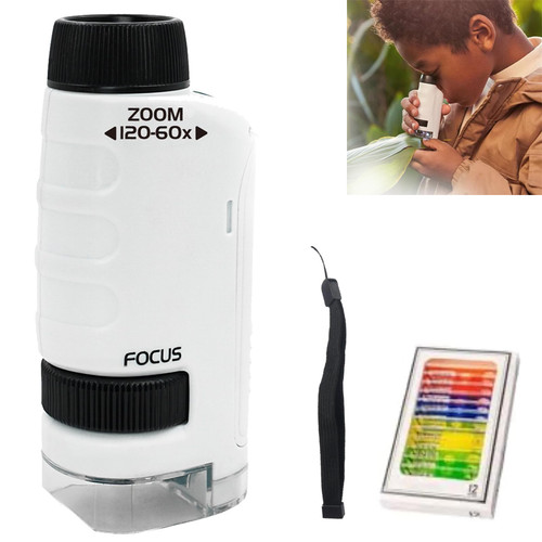 Portable Kids Handheld Minilabsters Microscope: White Pocket Microscope for Kids 60x-120x Magnification Mini Microscope with LED Eye Protection Lights for Scientific Experiment