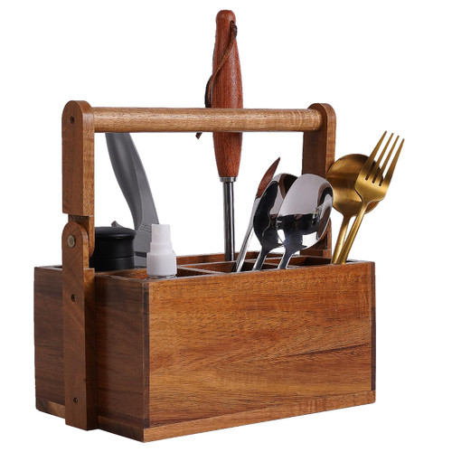 Mowsug Acacia Wood Silverware Caddy with Handle| Wooden Utensil Holder and Organizer with 4 Compartments| Cutlery Caddy Utensil holder for countertop| Ideal for Parties, Picnics, Outdoor Camping