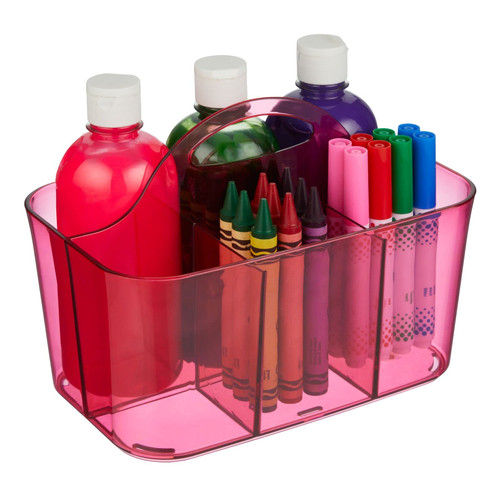 mDesign Plastic Portable Craft Storage Organizer Caddy Tote, Divided Basket Bin with Handle for Crafts, Sewing, Art Supplies - Holds Brushes, Colored Pencils - Lumiere Collection - Pink Tint
