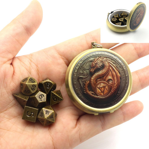 Haxtec Mini Dice Set with Keychain Dice Case 10mm Mini Metal DND Dice Antique Bronze Metal Dice Set D&D Portable 7PCS Dice Set