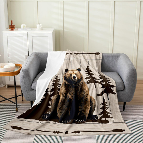 Feelyou Bear Flannel Fleece Blanket Retro Western Rustic Plush Throw Blanket, Animal All Season,Bed Blanket for Sofa Couch Kids Microfiber Arrow Wooden Paw Room Decor Twin 60"x80"