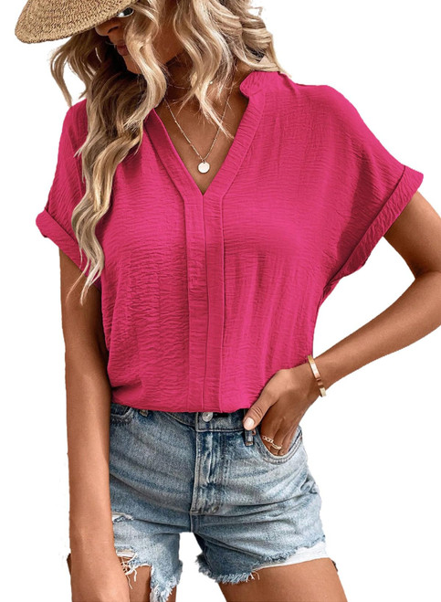 EVALESS Womens Tops Spring Clothes for Womens Fashion 2024 Business Casual Outfits Pink Short Sleeve Shirts Blouses for Women Dressy Sexy V Neck Ruffle Sleeve Summer Tops for Women Work, Small