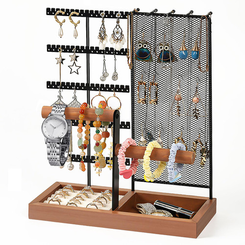 Earring Holder Organizer with Wooden Tray Jewelry Organizer Stand, 5 Tier Jewelry Display Stand Necklace Holder with Ring Tray, Jewelry Holder Earring Stand for Ear Stud Bracelets Watches Earring Holder Organizer with Wooden Tray Jewelry Organizer Stand, 5 Tier Jewelry Display Stand Necklace Holder with Ring Tray, Jewelry Holder Earring Stand for Ear Stud Bracelets Watches