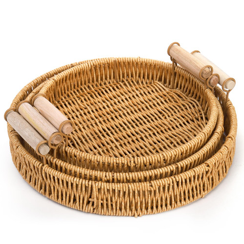 Dicunoy 3 Pack Rattan Basket Tray, Plastic Round Wicker Serving Baskets with Handles for Bread, Coffee Table, Decorative Woven Serving Tray for Vegetable, Snack Dicunoy 3 Pack Rattan Basket Tray, Plastic Round Wicker Serving Baskets with Handles for Bread, Coffee Table, Decorative Woven Serving Tray for Vegetable, Snack