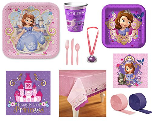 Disney Sofia the First Party Supply Bundle for 8 Guests - Plates, Napkins, Cups, Utensils, Tablecover, Amulet