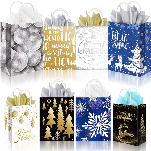 Cholemy 40 Pcs Christmas Gift Bags Bulk with Tissue Paper 8 Types Xmas Paper Bag with Handle Christmas Goody Bags Christmas Tote Bags for Holiday Treat, Presents, Wrapping Gifts (Small, Medium, Large)