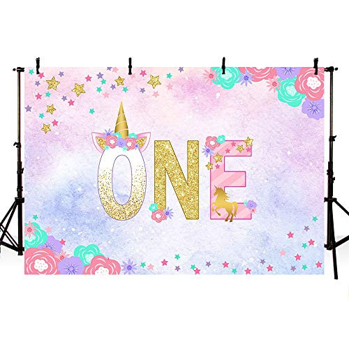 MEHOFOTO Unicorn First Birthday Watercolor Photo Studio Booth Background Props Colorful Stars Floral Princess One Magical Happy 1st Birthday Party Decorations Banner Backdrops for Photography 7x5ft