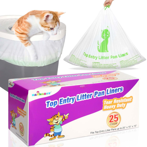 Cat Litter Box Liners Compatible with Top Entry Litter Pans Model, Heavy Duty Tear Resistant Large Litter Pan Liners, 25 Count Drawstring Litter Liner Bags