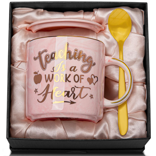 Biching Teacher Appreciation Gifts for Women - Teacher Gifts for Christmas, End of Year, Back to School, First Day of School, Birthday, Retirement - Teaching Is A Work of Heart, 14oz Pink Coffee Mug