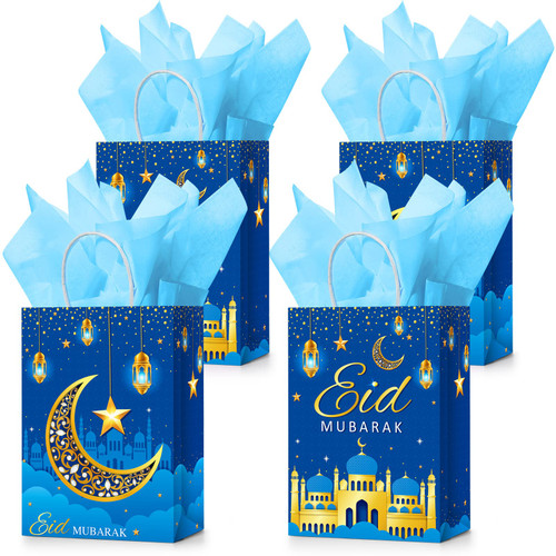 16 Sets Eid Mubarak Gift Bags with Tissue Paper, Ramadan Goodies Bags for Ramadan Party Supplies Favor (Blue)