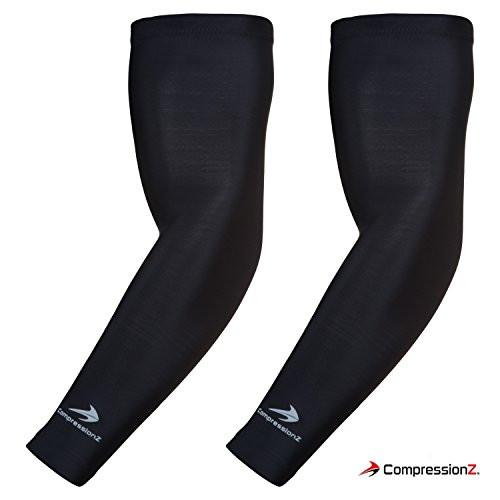 CompressionZ Arm Sleeve (Pair) - Sports Compression Sleeves for Baseball, Basketball, Football, Cycling, Golf - Elbow Brace for Arthritis, Lymphedema - UV Protection for Men/Women, Black, Large 12"-13.5"