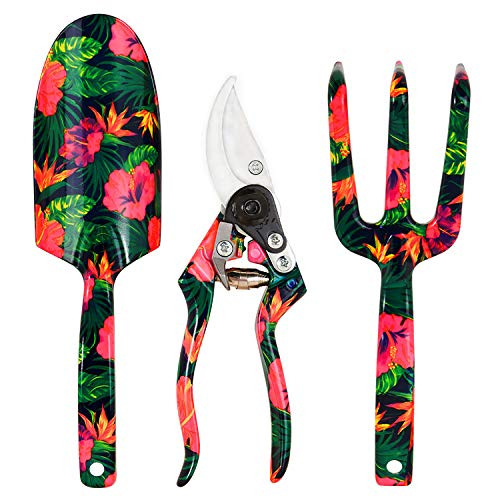 Eslibai Garden Tools Set, 3 Piece Floral Aluminum Heavy Duty Gardening Tools with Ergonomic Design Handles with Hanging Hole -Trowel, Cultivator, Pruning Shear, Durable and Delicate Garden Gift (Red)