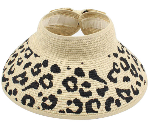 Women Sun Visor Hat Leopard Wide Brim Adjustable Caps Outdoor Sports Foldable Sun Visors Roll Up Ponytail Straw Bow Summer Hats Beach (Khaki)