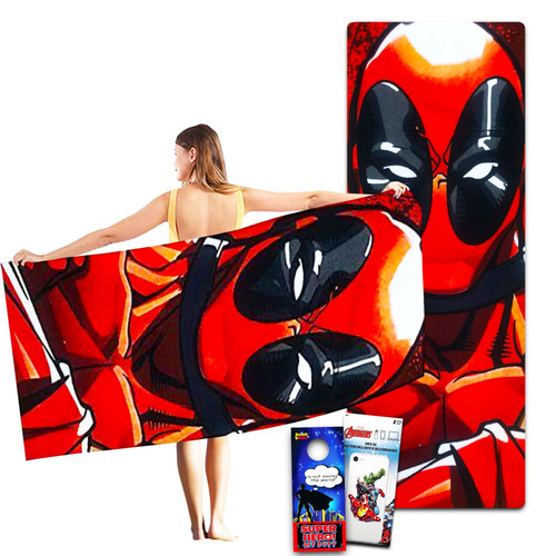 Marvel Deadpool Beach Towel Set for Kids and Adults - Bundle with Deadpool Cotton Pool Towel Plus Avengers Decal and More (Deadpool Gifts, Deadpool Merchandise)