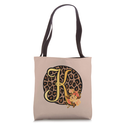 Leopard Print Floral Monogram K Letter Initial Cheetah Women Tote Bag