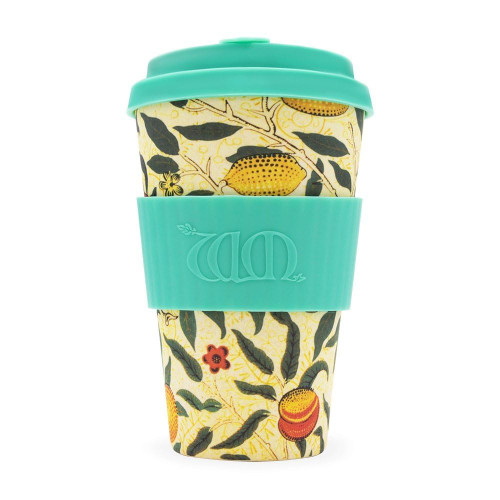 Ecoffee Cup 14oz 400ml William Morris Reusable Sustainable To-Go Travel Coffee Cups With No Leak Silicone Lid Tops, Made With Natural Bamboo Fibre, Pomme