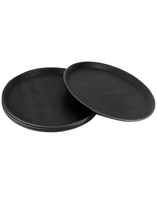 QWORK Non-Slip Tray, 4 Pack Round Plastic Serving Trays, 11" Rubber Lined Carrying Tray, Black