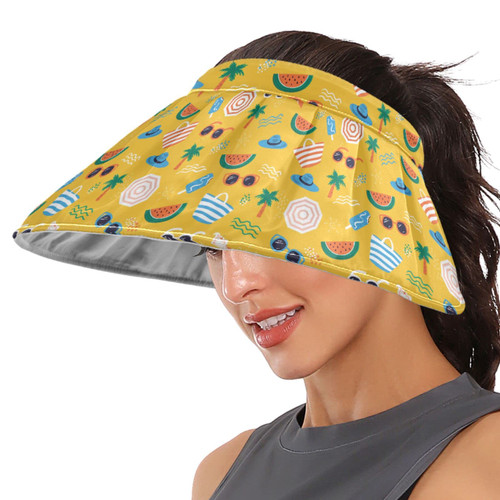 ZZXXB Funny Beach Print Women Sun Visor Hat Wide Brim Hats Foldable Summer UV Protection Ponytail Visors for Beach Golf Tennis Running Yellow