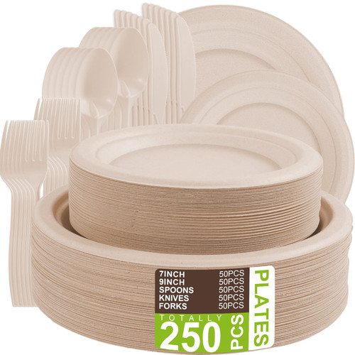 Ytaolis 250PCS Compostable Paper Plates Set,Heavy Duty Biodegradable Plates,Eco-Friendly Disposable Paper Plates Set,Include 7''&9'' Plate,Fork,Knife for Party Camping