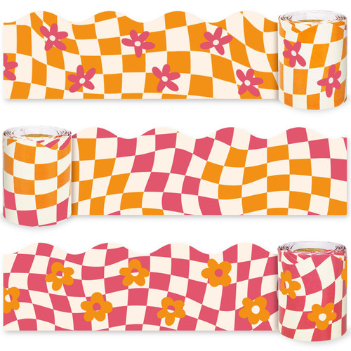 Whaline 98.4ft Retro Groovy Bulletin Board Borders Rose Red Orange Checkered Flower Die-Cut Rolled Bulletin Board Trim for School Classroom Office Chalkboard Decor