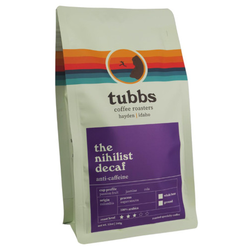 tubbs coffee roasters: nihilist decaf whole bean coffee - 100% arabica coffee beans - small batch roasted medium roast coffee beans - coffee whole beans origin selections - 12oz
