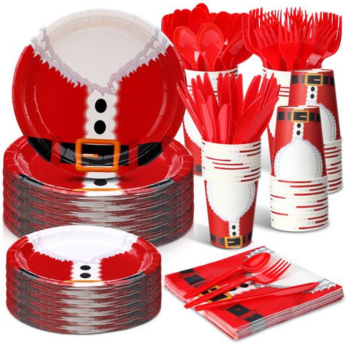 Sliner 175 Pcs Christmas Dinnerware Santa Disposable Christmas Paper Plates and Napkins Set for 25 Guest Xmas Paper Cups with Knife Fork Spoon Tableware for Xmas Party Holiday Dinner Dessert Supplies