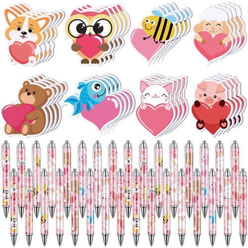 ReliThick 64 Pcs Valentine's Day Heart Sticky Notes Valentines Pens Set, 32 Pcs Mini heart shaped animal Sticky Note Pads 32 Pcs Cute pink heart Gel Ink Pen for Kids School Classroom Gift Party Favors