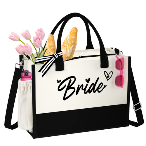 QLOVEA Bride Canvas Tote bag, Personalized Bride Gifts for Wedding Engagement Proposal Bridal Shower Bachelorette Party Honeymoon, Newly Engaged Gift for Bride to Be Fiancee, Bridal Accessories