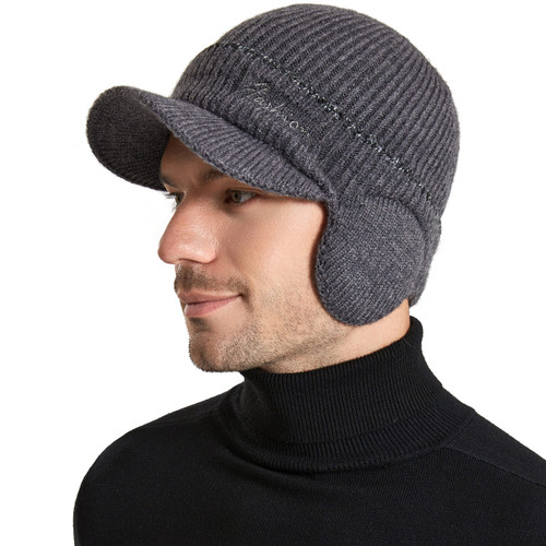 Muryobao Men's Beanie Hat with Visor Warm Winter Knit Earflaps Hats Thick Fleece Lined Skull Ski Baseball Cap Dark Grey