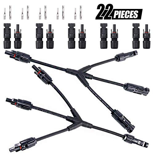 Swpeet 6 Pairs/22Pcs MC4 1 M/FFF and 1 F/MMM Kit, 1 Pairs MC4 Connector Cable Y Branch 1 to 3 Solar Panel Extension Adaptor Cables with 5 Pairs of MC4 Male/Female Solar Panel Cable Connectors