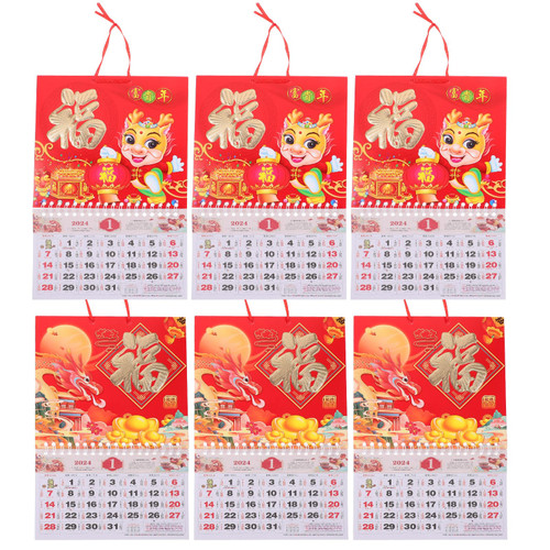 LUOZZY 6pcs Mini Chinese Calendar 2024 the Year of Dragon Lunar Calendar 2024 Chinese Wall Calendar Hanging Tearable Monthly Calendar for 2024 Chinese New Year Decorations, Random Style