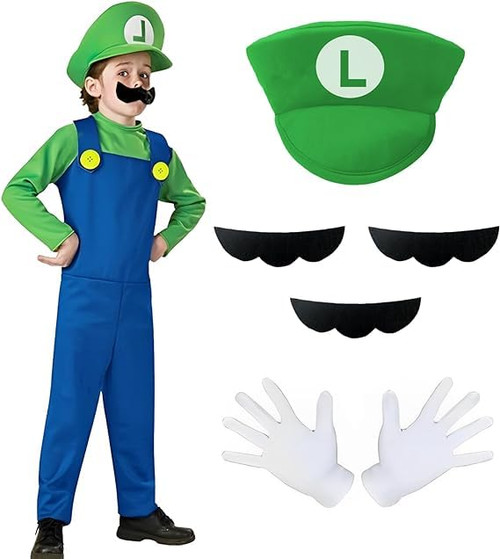 Halloween Costume Super Brothers Game Costume, Plumber Cosplay Outfit Jumpsuit with Accessory for Kids Boys