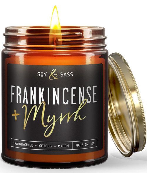 Frankincense & Myrrh CandleaFrankincense and Myrrh Candle, Christmas Candles Scented - w/Spices, Frankincense & Myrrh - infused with Essential Oils I Frankincense Candle I 9oz, 50Hr, Made in USA