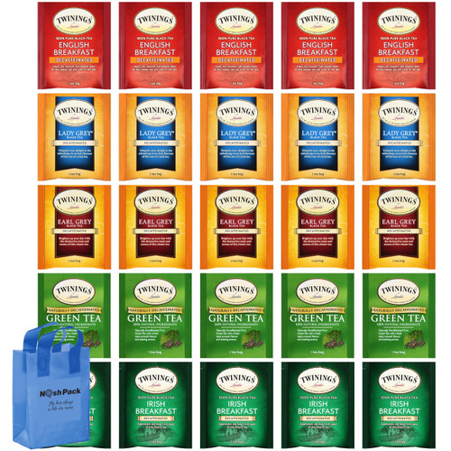 Decaffeinated Tea Bags Sampler Pack, 5 Assorted Flavors Variety Pack of Decaf Tea Bags, with Nosh Pack Bag, 25 Count