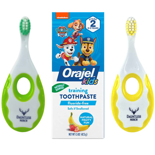 Dauntless Merch Easy Grip Baby Toothbrush and Fluoride-Free Toddler Stage 2 Training Toothpaste, Natural Fruity Fun Flavor, 1.5 oz. Starter Set. (Paw)