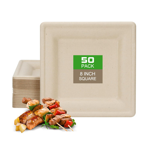 BangShou Square Paper Plates, 50 Pack 8 inch 100% Compostable Natural Heavy Duty Paper Plates, Biodegradable Disposable Paper Plates, Natural Bagasse for Party Dinner Birthday