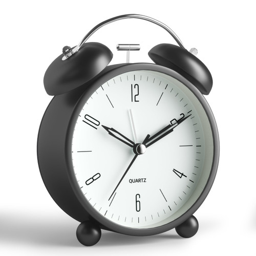 Analog Alarm Clock, 4 inch Super Silent Non Ticking Small Clock with Night Light, Battery Operated, Simple Design, Twin Bell Loud Alarm, Old Fashioned, for Heavy Sleeper, Bedroom, Bedside, Desk, Black