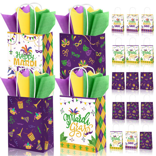 12Pcs Mardi Gras Paper Gift Bags with Handles with 24 Sheets Tissue Paper,Masquerade Mask Patterned Goodie Bags Carnival Party Favor Treat Bags for Mardi Gras Party Supplies