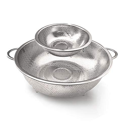 ES 2Pcs 1&5-Quart Stainless Steel Colander Strainer Set with Handles & Feet - Fine Mesh for Draining Pasta, Rice & Vegetables - Heavy Duty & Dishwasher Safe