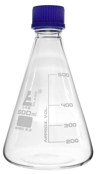 Erlenmeyer Flask, 500ml - Borosilicate Glass - with PTFE Screw Cap - Conical Shape - White Graduations - Eisco Labs Erlenmeyer Flask, 500ml - Borosilicate Glass - with PTFE Screw Cap - Conical Shape - White Graduations - Eisco Labs