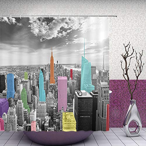 Feierman New York Shower Curtain Modern Night Decor Colorful City Bathroom Curtain 70x70Inches Fabric Waterproof Polyester with Hooks