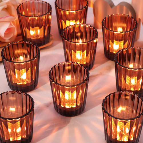 KTNSTSAAL 12pcs Brown Votive Candle Holders, Glass Candle Holders Bulk for Table Centerpiece, Tealight Candle Holders for Wedding, Birthday, Party, Home, Dinner Decor