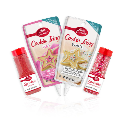Betty Crocker Dessert Decorating Valentine Assortment- 4-Piece Set Includes: 2 Decorating Icings (Pink and White), Red Sugar Sprinkles and Valentines Nonpareils - Kosher and Gluten Free