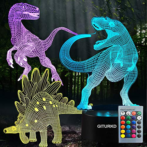 3D Dinosaur Night Light - Led Dinosaur Illusion Lamp Three Pattern and 16 Color Change Decor Lamp with Remote Control for Kids, Dinosaur Gifts for Kids