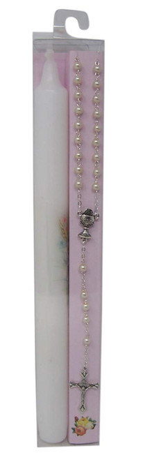 Girl's IHS Chalice First Communion Gift Set Candle with Rosary, 10 Inch Girl's IHS Chalice First Communion Gift Set Candle with Rosary, 10 Inch