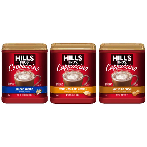 Hills Bros Instant Cappuccino Mix Variety Pack with French Vanilla, Salted Caramel, and White Chocolate Caramel Instant Coffee Beverage Mix (3 Count)