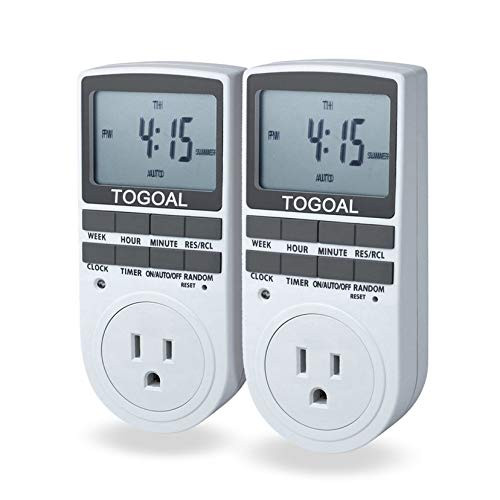 TOGOAL TE02(DT1800) Digital Light Timer Plug with 3-prong Outlet, 24/7 Programmable for Indoor Electrical Switch with Anti-theft Random Option, 2 Packs (15A, 1800W)