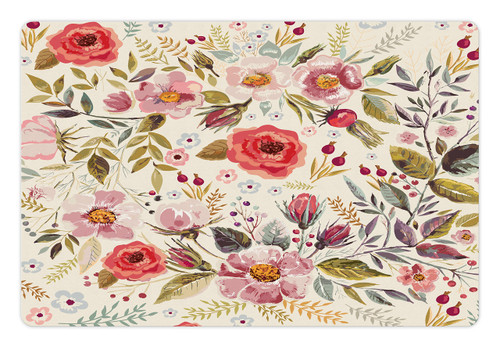 Ambesonne Shabby Flora Pet Mat for Food and Water, Watercolor Abstract Spring Poppies Flowers Roses Buds Leaves Romantic Print, Non-Slip Rubber Mat for Dogs and Cats, 18" X 12", Cream Pink