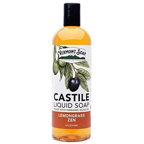 Vermont Castile Lemongrass Zen Soap, Gentle Liquid Soap for Sensitive Skin & Natural Body Wash, Organic Hair Shampoo for Oily Hair, Aloe Castile Soap for Men & Women - 16 Oz