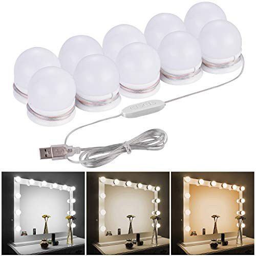 LED Vanity Mirror Lights Kit-CamelHome Upgraded 3 Dimmable Color 10 Led Light Bulbs for Vanity Table Set and Bathroom Mirror,Hollywood Lighting Fixture Strip with USB Charge Cable(Mirror NOT Include)